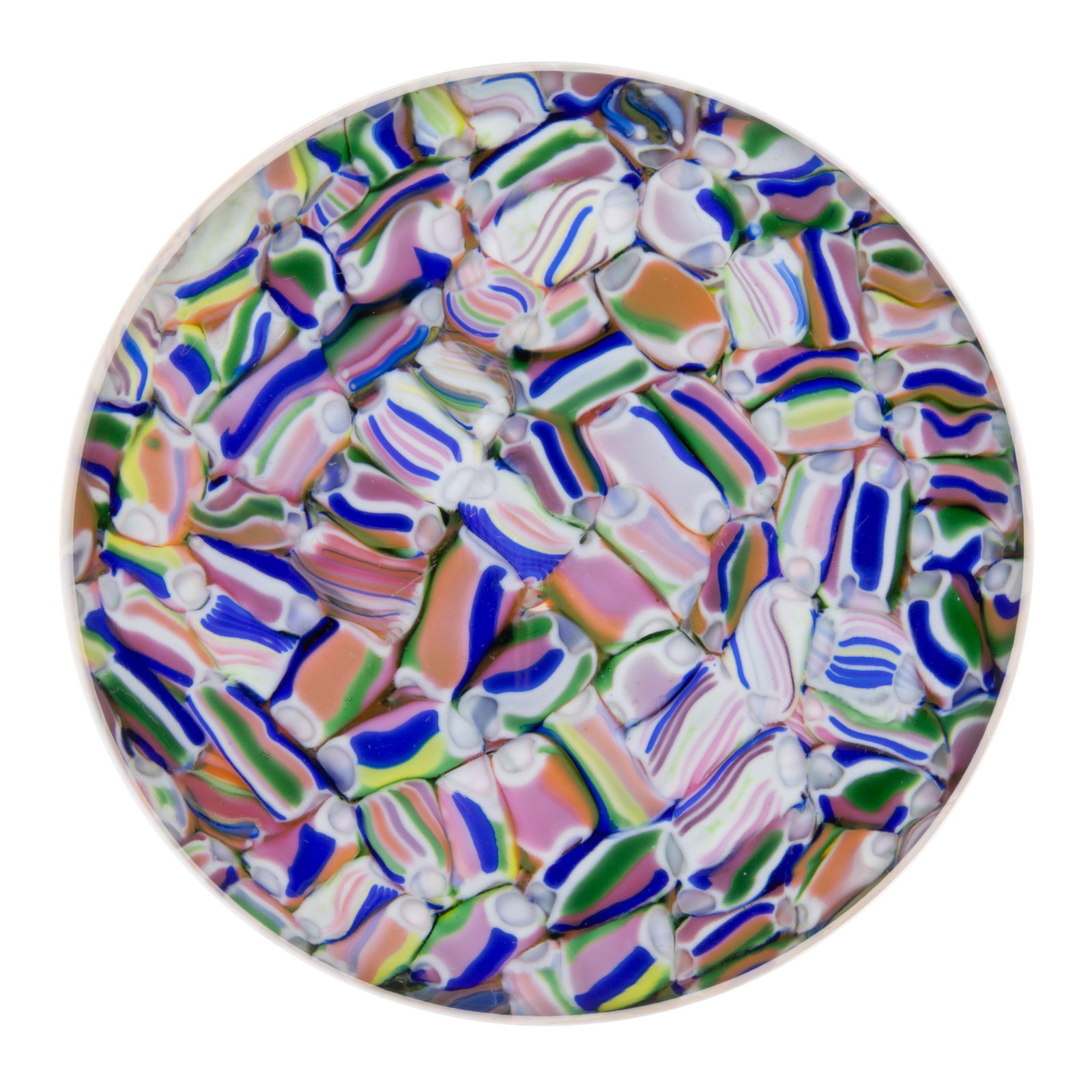 VINTAGE BACCARAT SCRAMBLED ART GLASS PAPERWEIGHT: VINTAGE BACCARAT SCRAMBLED ART GLASS PAPERWEIGHT, scrambled multi-colored tubes, acid-stamped signature to the underside. The Compagnie des Verreries et Cristalleries de Baccarat. 1950-1980. 2&qu