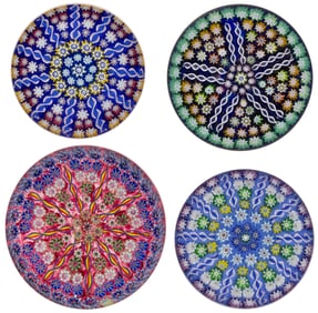 VINTAGE PERTHSHIRE WEDGE MILLEFIORI ART GLASS PAPERWEIGHTS, LOT OF FOUR