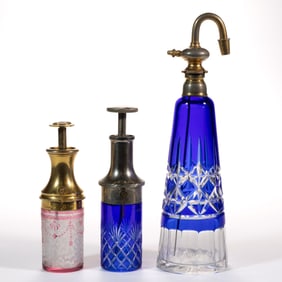FRENCH ART GLASS ATOMIZERS, LOT OF THREE