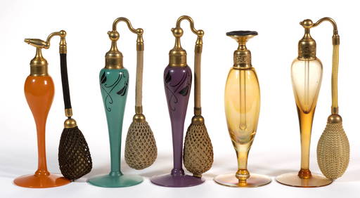 DEVILBISS ART GLASS ATOMIZERS AND PERFUME BOTTLE, LOT OF FIVE (1 of 1)