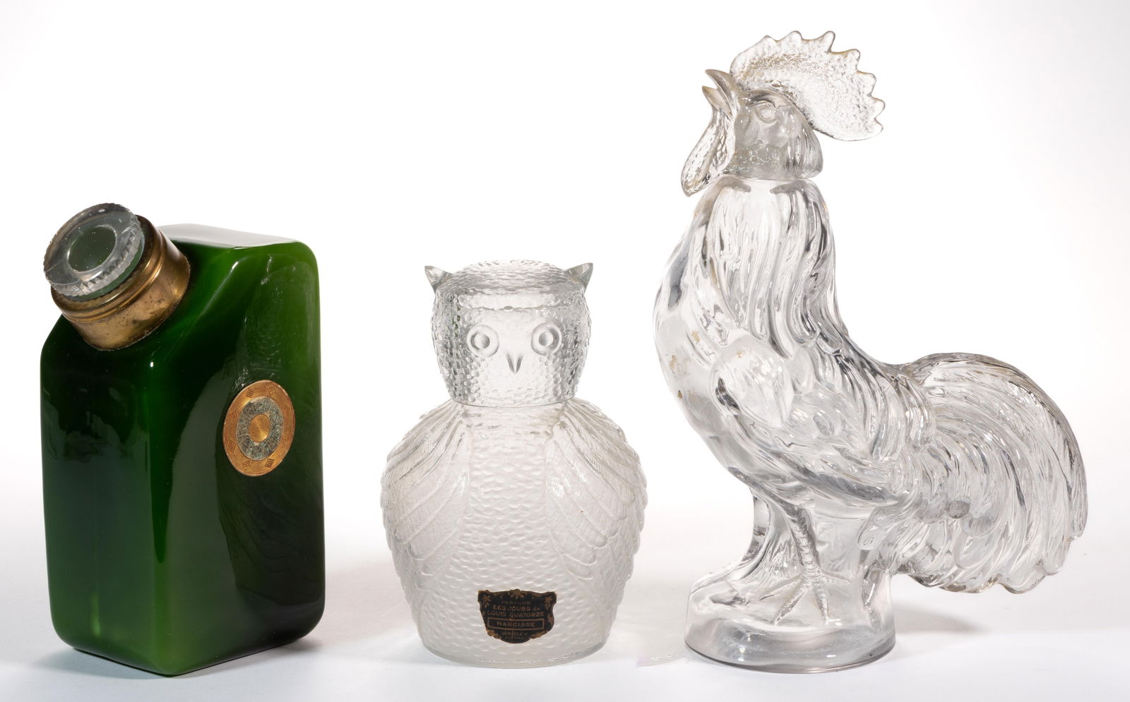 FIGURAL TOILETRY AND COGNAC BOTTLES / DECANTERS, LOT OF THREE (1 of 2)