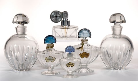 FRENCH BACCARAT PERFUME BOTTLES AND ATOMIZER, LOT OF SIX