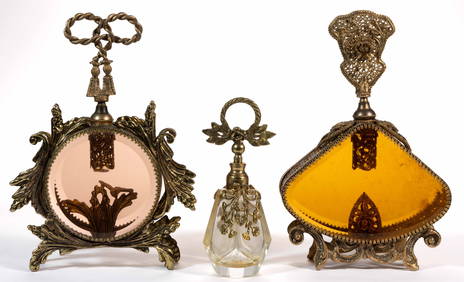 FILIGREE GILT-METAL AND GLASS PERFUME BOTTLES, LOT OF THREE (1 of 2)