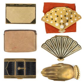 VINTAGE VOLUPTE AND OTHER GOLD-TONED FIGURAL LADY'S COMPACTS, LOT OF FIVE
