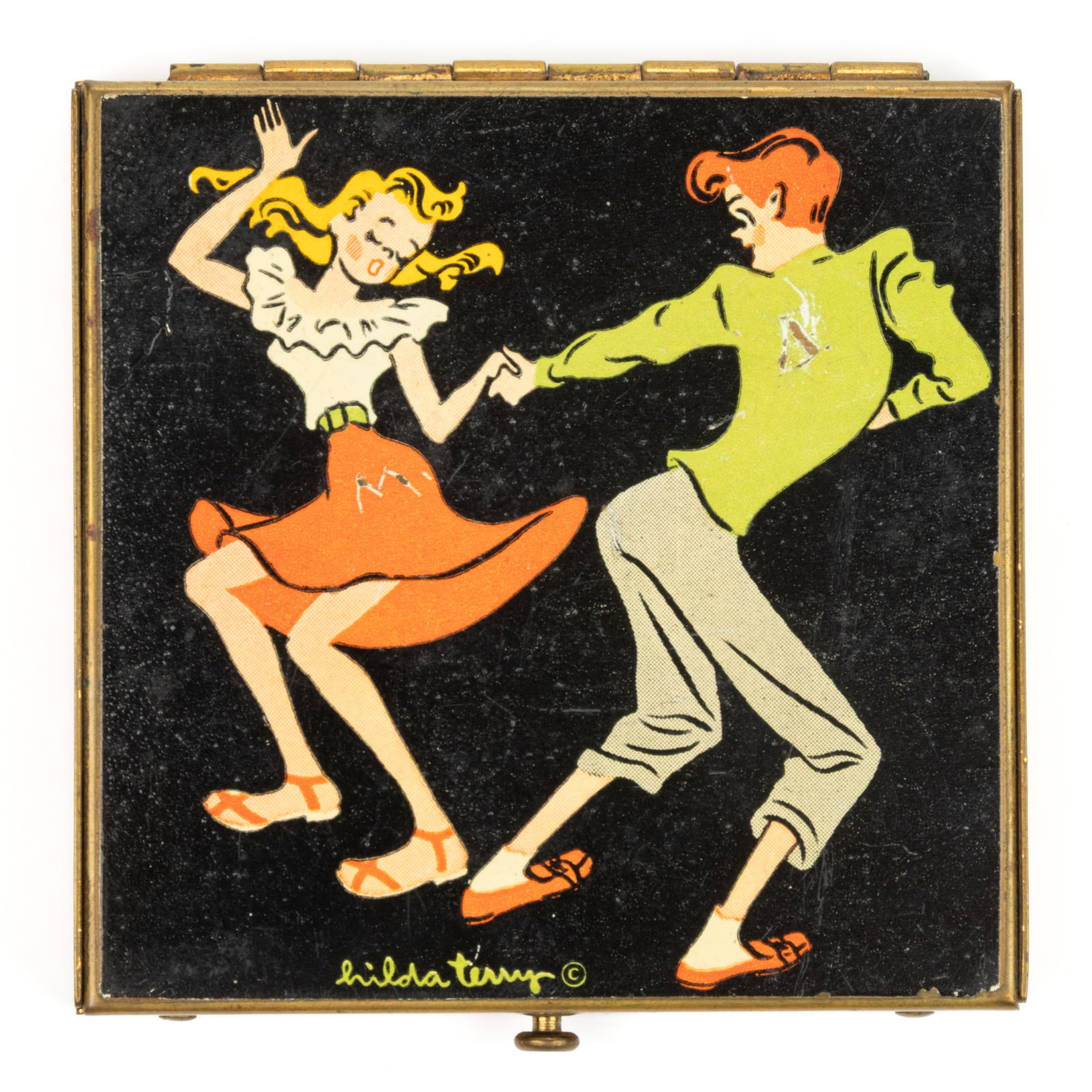 VINTAGE REX-TEEN HILDA TERRY "JITTERBUG" YOUNG LADY'S COMPACT: VINTAGE REX-TEEN HILDA TERRY "JITTERBUG" YOUNG LADY'S COMPACT, gold-toned, square form, hinged lid with enameled cartoon design by Hilda Terry (American, 1914-2006) of a teen girl a