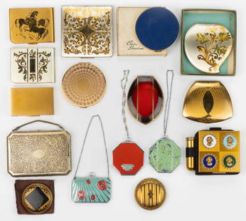 VINTAGE ELGIN AMERICAN GOLD- AND SILVER-TONED LADY'S COMPACTS, LOT OF 16: VINTAGE ELGIN AMERICAN GOLD- AND SILVER-TONED LADY'S COMPACTS, LOT OF 16, (condition updated 4/16/2025) including three Art Deco enameled compacts with chain straps, a large silver-toned