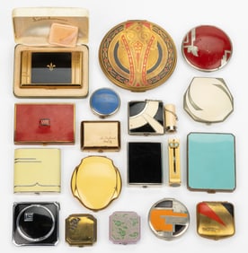 VINTAGE ART DECO AND OTHER ENAMELED LADY'S COMPACTS AND LIPSTICK, LOT OF 18