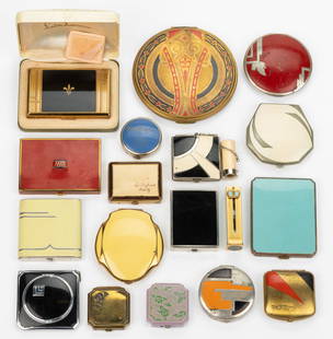 VINTAGE ART DECO AND OTHER ENAMELED LADY'S COMPACTS AND LIPSTICK, LOT OF 18: VINTAGE ART DECO AND OTHER ENAMELED LADY'S COMPACTS AND LIPSTICK, LOT OF 18, each piece with enamel decoration or enameled accents, featuring makeup, powder, and blush / rouge compacts and a Princ