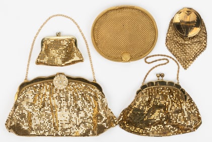 ANTIQUE / VINTAGE WHITING & DAVIS AND OTHER GOLD-TONED METAL MESH LADY'S PURSES, LOT OF FIVE