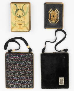 VINTAGE MONDAINE ART DECO LEATHER / FABRIC-COVERED COMPACTS AND MINAUDIERES, LOT OF FOUR: VINTAGE MONDAINE ART DECO LEATHER / FABRIC-COVERED COMPACTS AND MINAUDIERES, LOT OF FOUR, comprising a book-form compact having leather covering with flower vase design to top; a black leather-covered