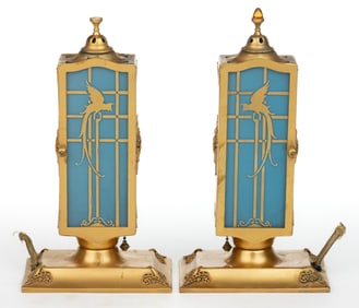 AMERICAN DEVILBISS ART DECO GLASS AND BRASS PERFUME / BOUDOIR ELECTRIC LAMPS, SET OF TWO