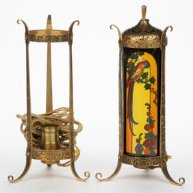 AMERICAN DEVILBISS ART DECO GLASS AND BRASS PERFUME / BOUDOIR ELECTRIC LAMP COMPONENTS, LOT OF TWO