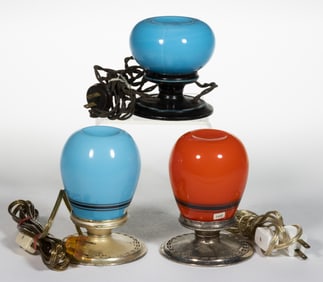 AMERICAN DEVILBISS AND OTHER ART DECO GLASS AND BRASS PERFUME / BOUDOIR ELECTRIC LAMPS, LOT OF THREE