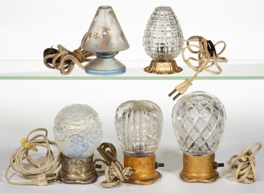 ASSORTED GLASS PERFUME / PORTABLE ELECTRIC LAMPS, LOT OF FIVE