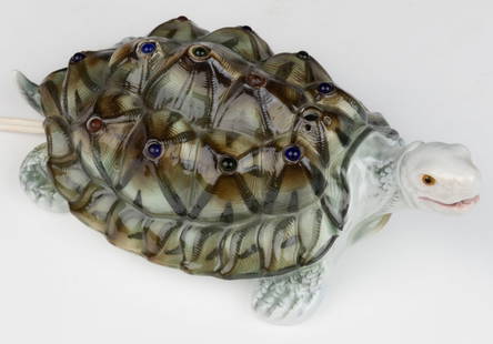 GERMAN ERNST BOHNE & SOHNE CERAMIC FIGURAL TORTOISE / TURTLE WITH JEWELS PERFUME / PORTABLE ELECTRIC: GERMAN ERNST BOHNE & SOHNE CERAMIC FIGURAL TORTOISE / TURTLE WITH JEWELS PERFUME / PORTABLE ELECTRIC LAMP, naturalistic decoration with 13 raised crowns on shell back, twelve crowns fitt
