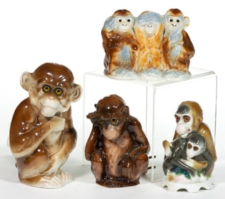 ASSORTED CONTINENTAL CERAMIC FIGURAL MONKEY PERFUME / PORTABLE ELECTRIC LAMPS, LOT OF FOUR