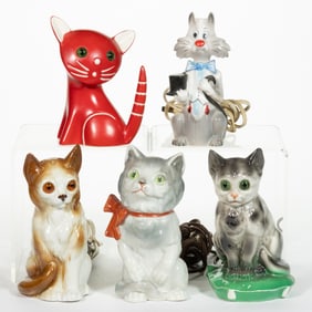 ASSORTED CONTINENTAL FIGURAL CAT PERFUME / PORTABLE ELECTRIC LAMPS, LOT OF FIVE
