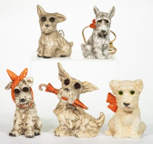 ASSORTED GERMAN W. GOEBEL CERAMIC FIGURAL TERRIER DOG PERFUME / PORTABLE ELECTRIC LAMPS, LOT OF FIVE
