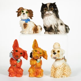 ASSORTED GERMAN W. GOEBEL CERAMIC FIGURAL DOG PERFUME / PORTABLE ELECTRIC LAMPS, LOT OF FIVE