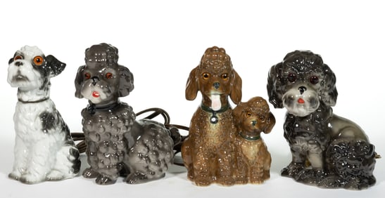 ASSORTED CERAMIC FIGURAL DOG PERFUME / PORTABLE ELECTRIC LAMPS, LOT OF FOUR