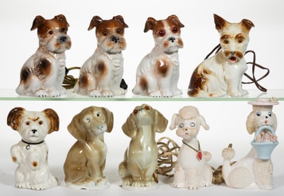 ASSORTED CONTINENTAL CERAMIC FIGURAL DOG PERFUME / PORTABLE ELECTRIC LAMPS, LOT OF NINE