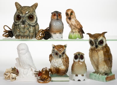 ASSORTED CONTINENTAL CERAMIC FIGURAL OWL PERFUME / PORTABLE ELECTRIC LAMPS, LOT OF SEVEN