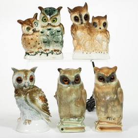 ASSORTED GERMAN CERAMIC FIGURAL OWL PERFUME / PORTABLE ELECTRIC LAMPS, LOT OF FIVE