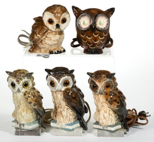 ASSORTED GERMAN W. GOEBEL CERAMIC FIGURAL OWL PERFUME / PORTABLE ELECTRIC LAMPS, LOT OF FIVE