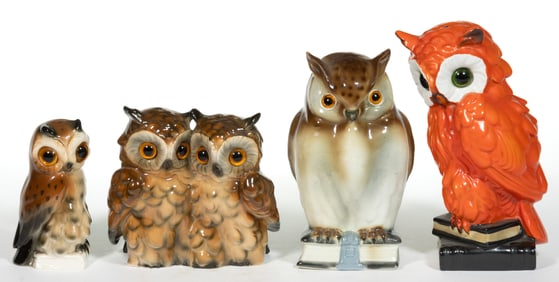 ASSORTED GERMAN W. GOEBEL AND OTHER CERAMIC FIGURAL OWL PERFUME / PORTABLE ELECTRIC LAMPS, LOT OF