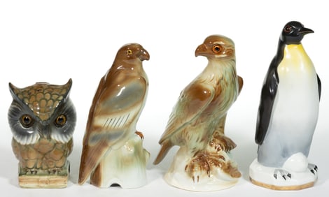 GERMAN CERAMIC FIGURAL BIRD PERFUME / PORTABLE ELECTRIC LAMPS, LOT OF FOUR