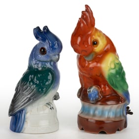 GERMAN CERAMIC FIGURAL PARROT PERFUME / PORTABLE ELECTRIC LAMPS, LOT OF TWO