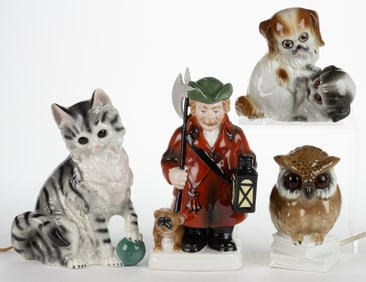 ASSORTED GERMAN CERAMIC FIGURAL ANIMAL PERFUME / PORTABLE ELECTRIC LAMPS, LOT OF FOUR