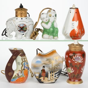 ASSORTED GERMAN ORIGINAL AEROZON FIGURAL PERFUME / PORTABLE ELECTRIC LAMPS, LOT OF SIX