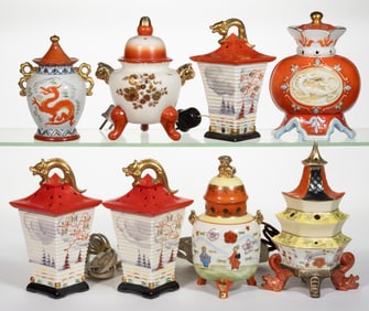 ASSORTED GERMAN W. GOEBEL CERAMIC FIGURAL PERFUME / PORTABLE ELECTRIC LAMPS, LOT OF EIGHT