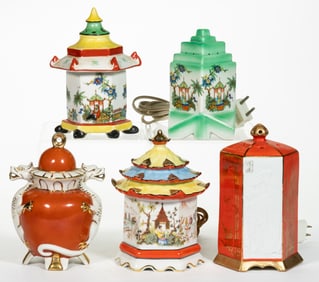 ASSORTED CONTINENTAL CERAMIC FIGURAL PERFUME / PORTABLE ELECTRIC LAMPS, LOT OF FIVE