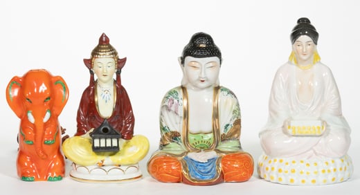 ASSORTED CONTINENTAL CERAMIC FIGURAL PERFUME / PORTABLE ELECTRIC LAMPS, LOT OF FOUR