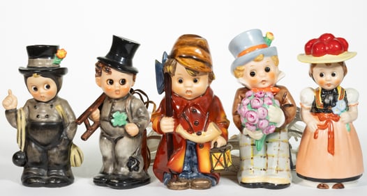 ASSORTED GERMAN W. GOEBEL CERAMIC FIGURAL HUMMEL-TYPE CHARACTERS PERFUME / PORTABLE ELECTRIC LAMPS,