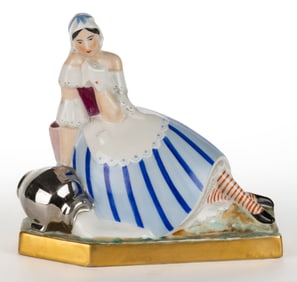 FRENCH CERAMIC FIGURAL MILKMAID LADY PERFUME / PORTABLE ELECTRIC LAMP
