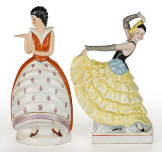 ASSORTED CERAMIC ART DECO FIGURAL DANCING LADY PERFUME / PORTABLE ELECTRIC LAMPS, LOT OF TWO: ASSORTED CERAMIC ART DECO FIGURAL DANCING LADY PERFUME / PORTABLE ELECTRIC LAMPS, LOT OF TWO, various decorations and detailed facial features, comprising of a Spanish flamenco dancer with yellow