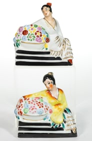 FRENCH HALGA LIMOGES ART DECO CERAMIC FIGURAL LADY PERFUME / PORTABLE ELECTRIC LAMPS, LOT OF TWO