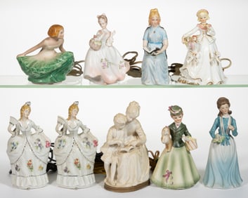 ASSORTED CERAMIC FIGURAL LADY PERFUME / PORTABLE ELECTRIC LAMPS, LOT OF NINE