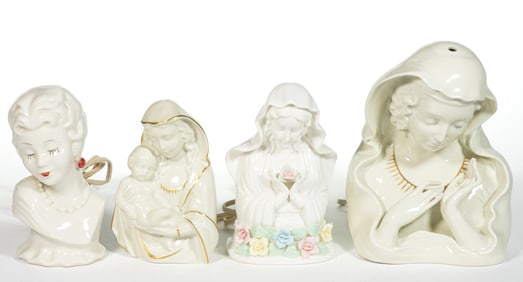ASSORTED CONTINENTAL CERAMIC FIGURAL LADY PERFUME / PORTABLE ELECTRIC LAMPS, LOT OF FOUR