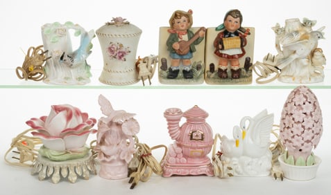 ASSORTED CONTINENTAL CERAMIC FIGURAL LADY PERFUME / PORTABLE ELECTRIC LAMPS AND RELATED ARTICLES,