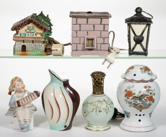 ASSORTED CONTINENTAL CERAMIC FIGURAL LADY PERFUME / PORTABLE ELECTRIC LAMPS, LOT OF SEVEN