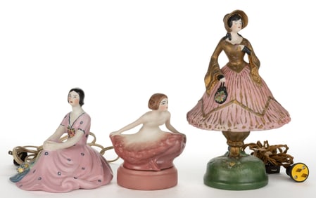 AMERICAN FULPER POTTERY ART DECO PORCELAIN FIGURAL WOMEN BOUDOIR / PERFUME LAMPS, LOT OF THREE