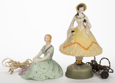 AMERICAN FULPER POTTERY ART DECO PORCELAIN FIGURAL WOMAN BOUDOIR / PERFUME LAMPS, LOT OF TWO