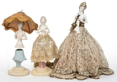 AMERICAN FULPER POTTERY PORCELAIN WOMAN FIGURAL BOUDOIR / DESK LAMP ARTICLES, LOT OF FIVE