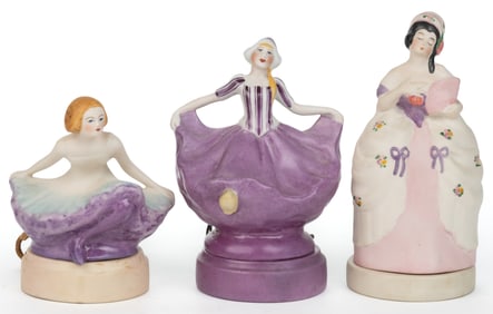 AMERICAN FULPER POTTERY ART DECO PORCELAIN TWO-PART WOMAN FIGURAL BOUDOIR / PERFUME LAMPS, LOT OF