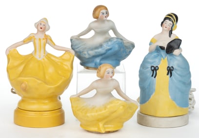 AMERICAN FULPER POTTERY ART DECO PORCELAIN WOMAN FIGURAL BOUDOIR / PERFUME LAMPS AND SHADES, LOT OF