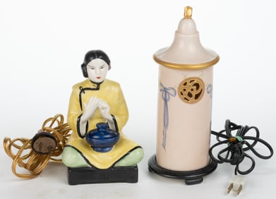 AMERICAN FULPER POTTERY ART DECO PORCELAIN ASIAN-STYLE BOUDOIR / PERFUME LAMPS, LOT OF TWO